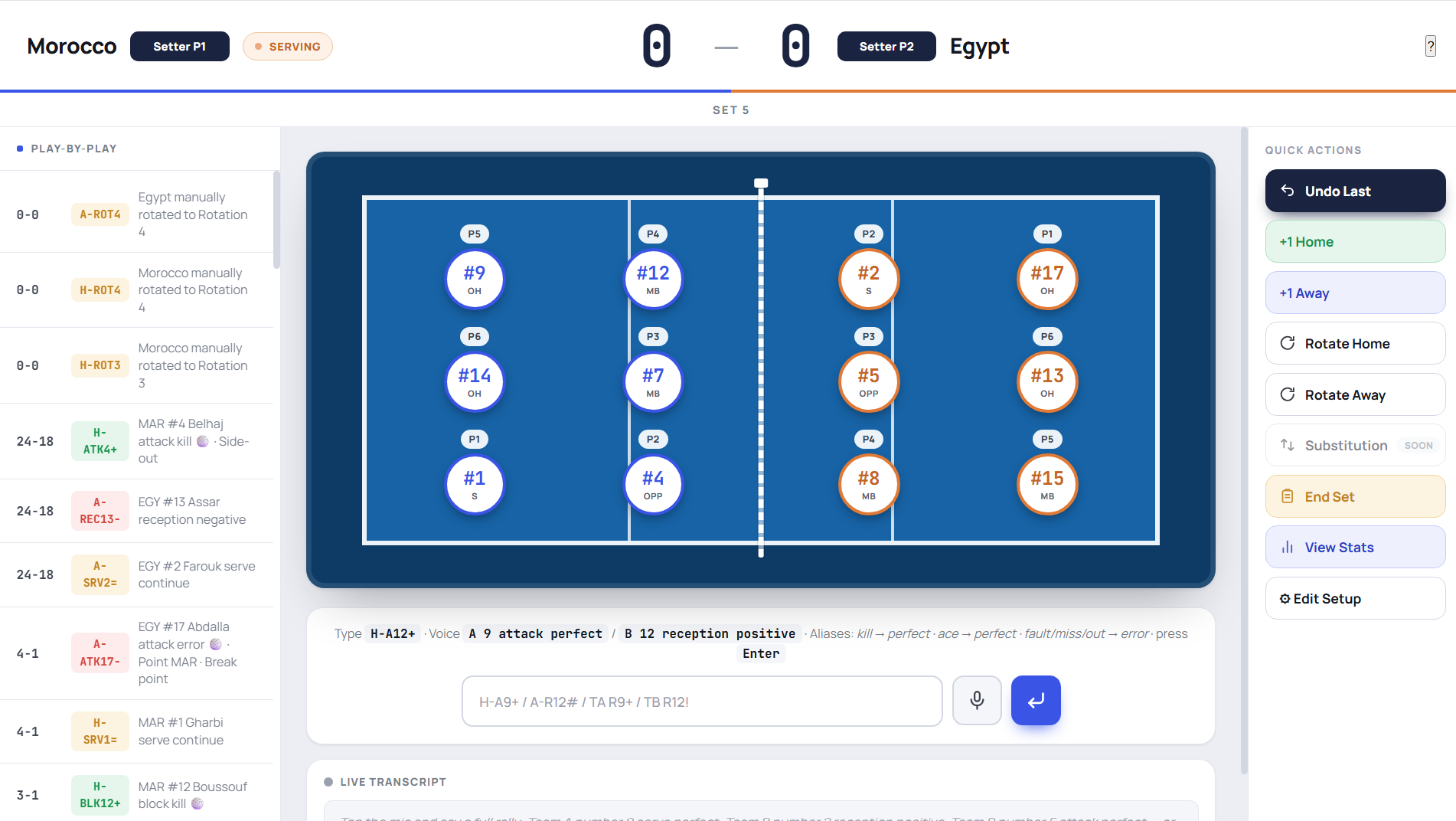 VolleyCode Pro live match screen — Morocco vs Egypt, court and rotation controls
