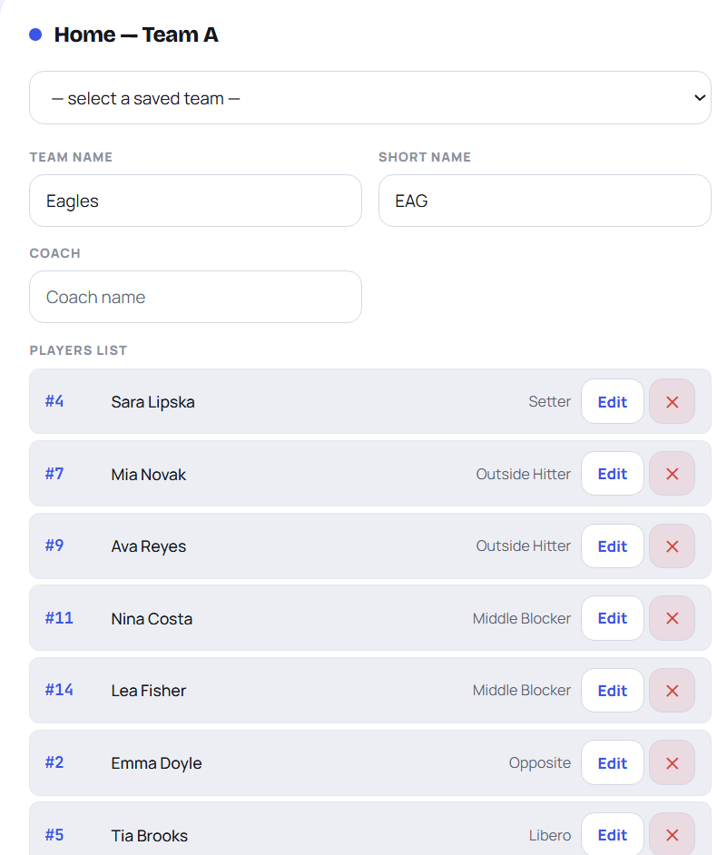 Match setup roster screen with six players plus a libero entered for the home team